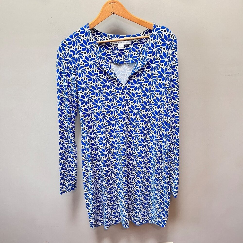 Diane von Furstenberg Blue Floral Knit Long Sleeve Dress- Size 6‎